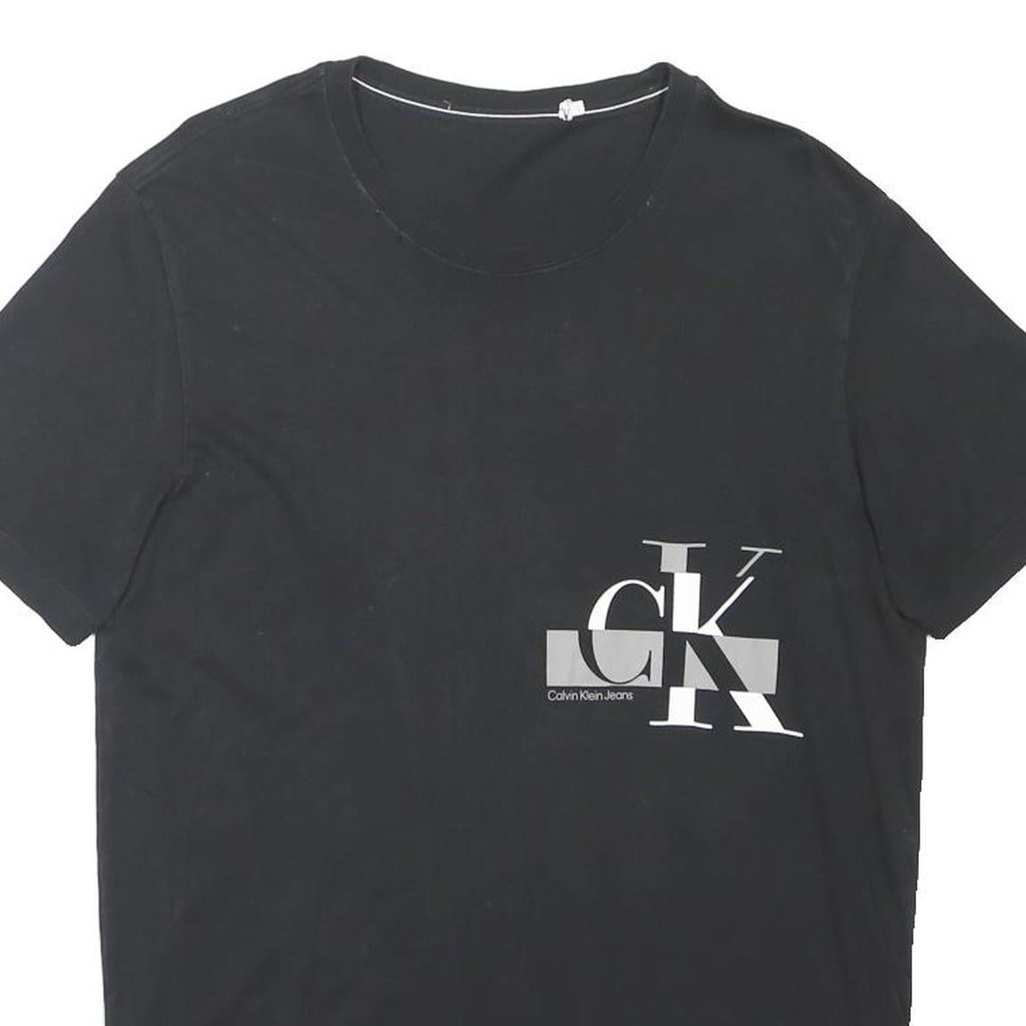 CK JEANS Mens Black Cotton Blend Crew Neck Short Sleeve Top L Logo Print