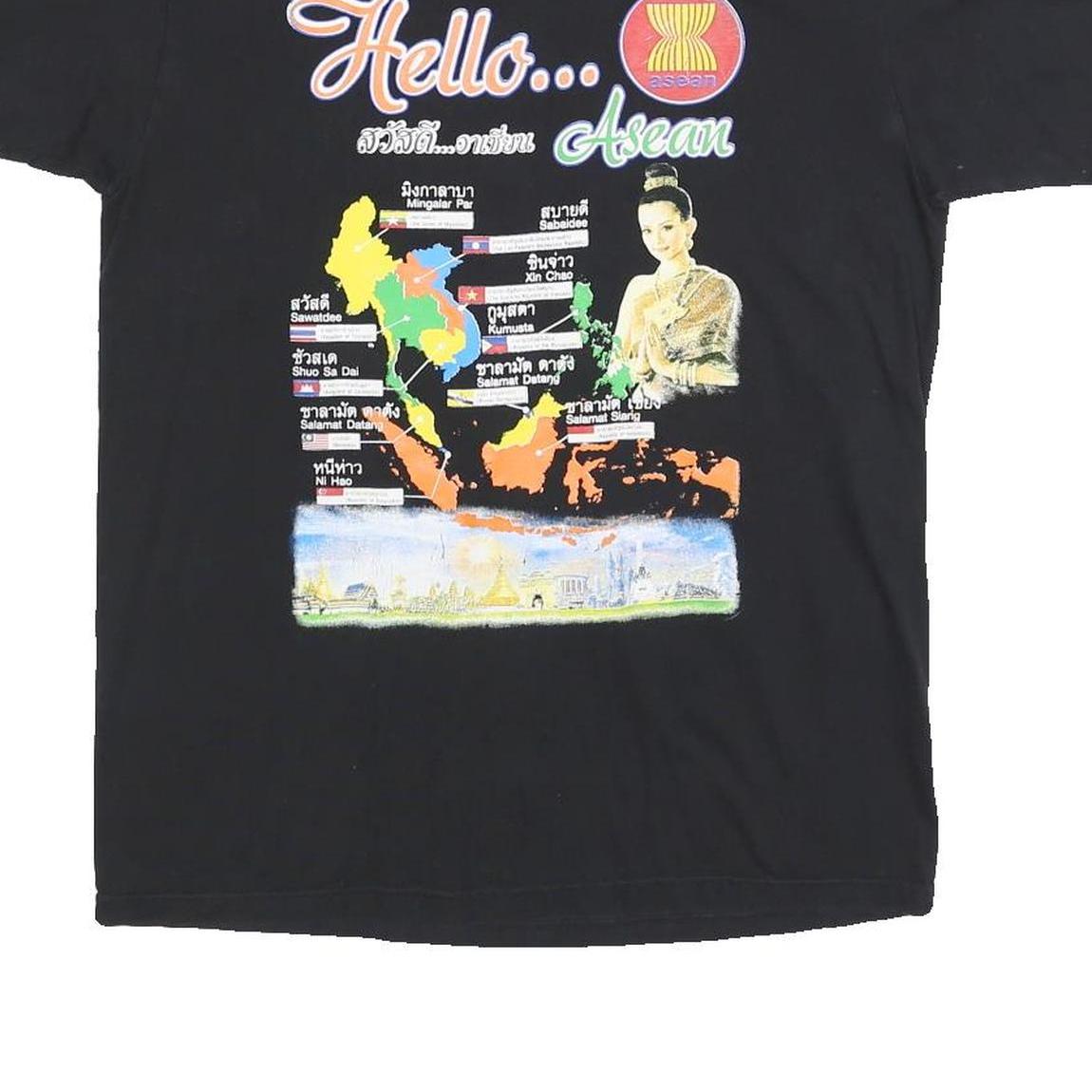 Womens Black Hello Asean Graphic T-Shirt M Short Sleeve Crew Neck Cotton