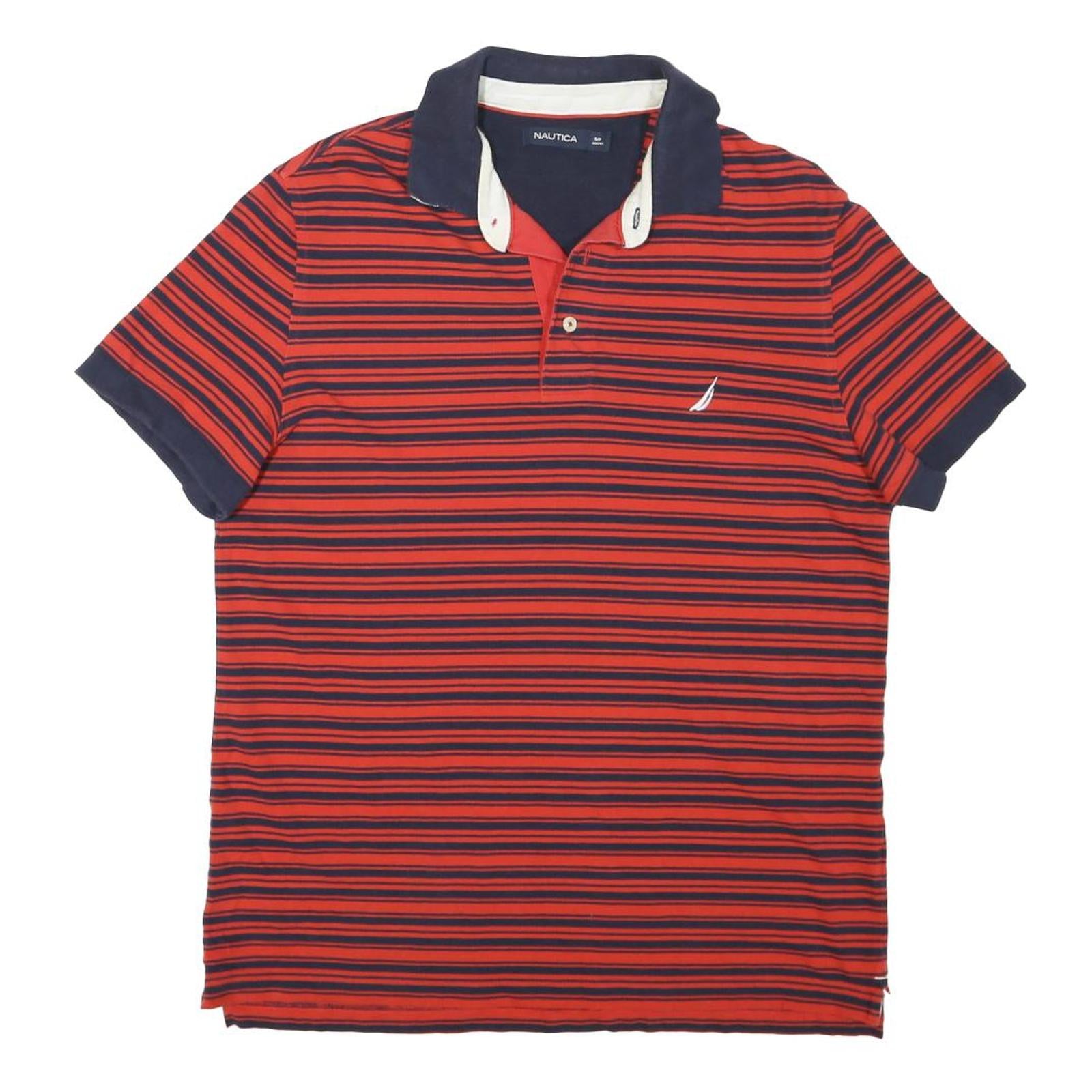 NAUTICA Mens Red & Navy Striped Short Sleeve S Cotton Blend Polo Shirt