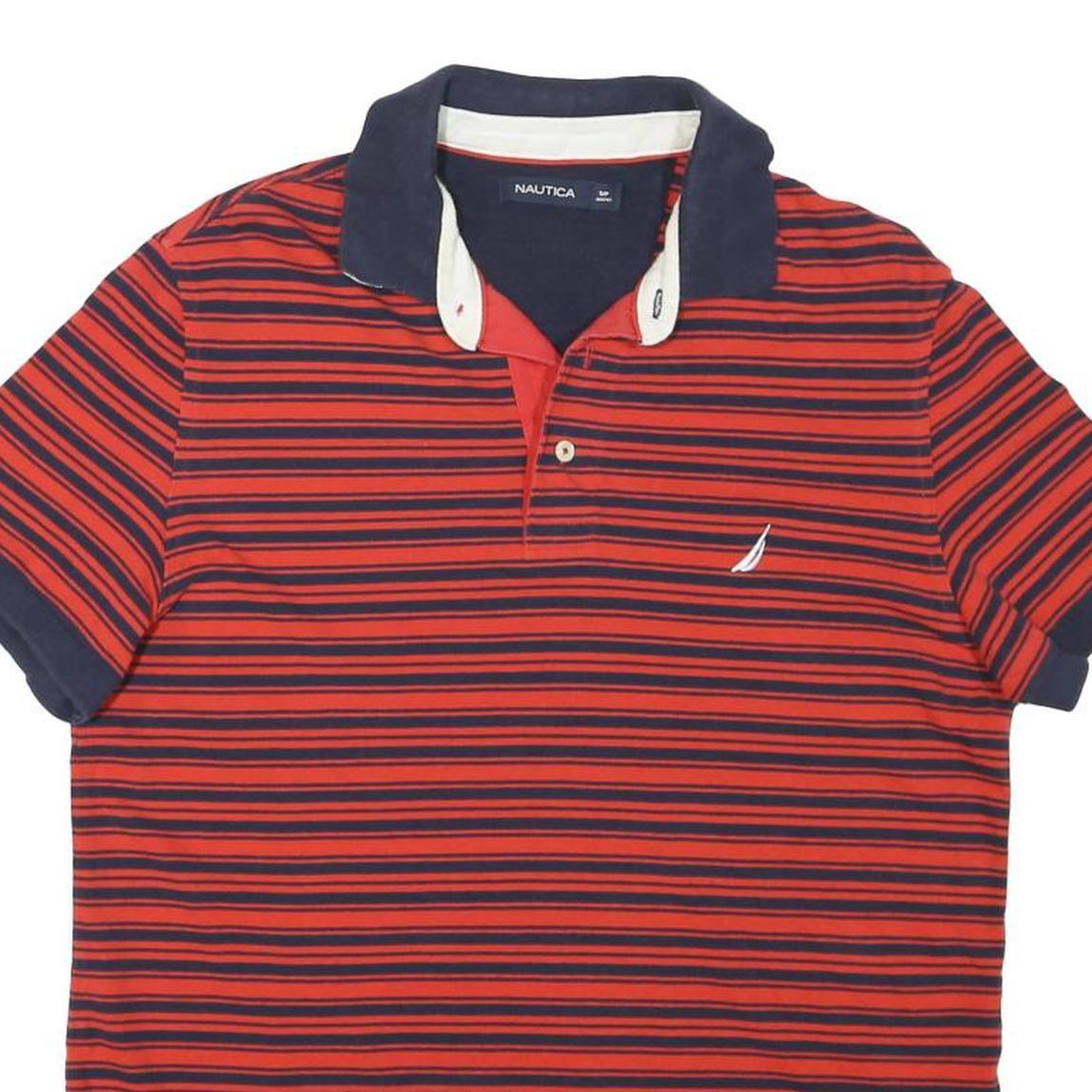 NAUTICA Mens Red & Navy Striped Short Sleeve S Cotton Blend Polo Shirt