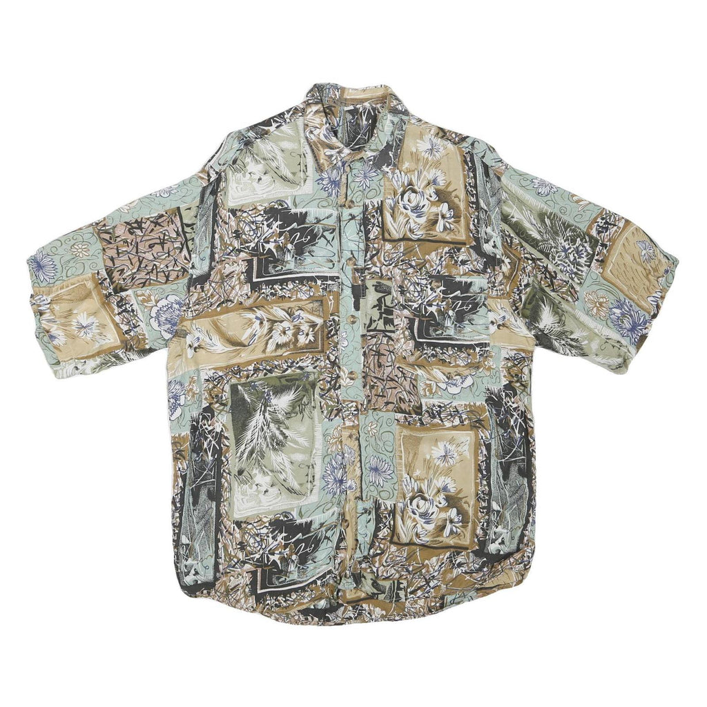 Mens Green Beige Pattern Cotton Blend Shirt L Casual Summer Lightweight