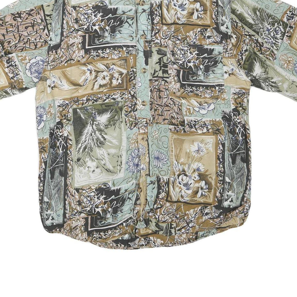 Mens Green Beige Pattern Cotton Blend Shirt L Casual Summer Lightweight