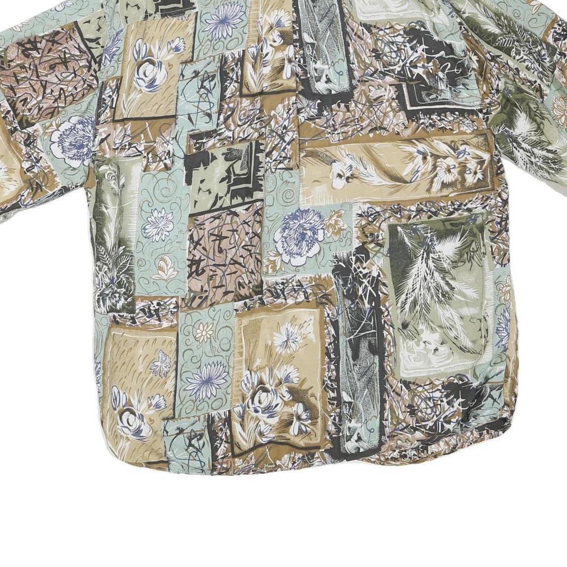 Mens Green Beige Pattern Cotton Blend Shirt L Casual Summer Lightweight