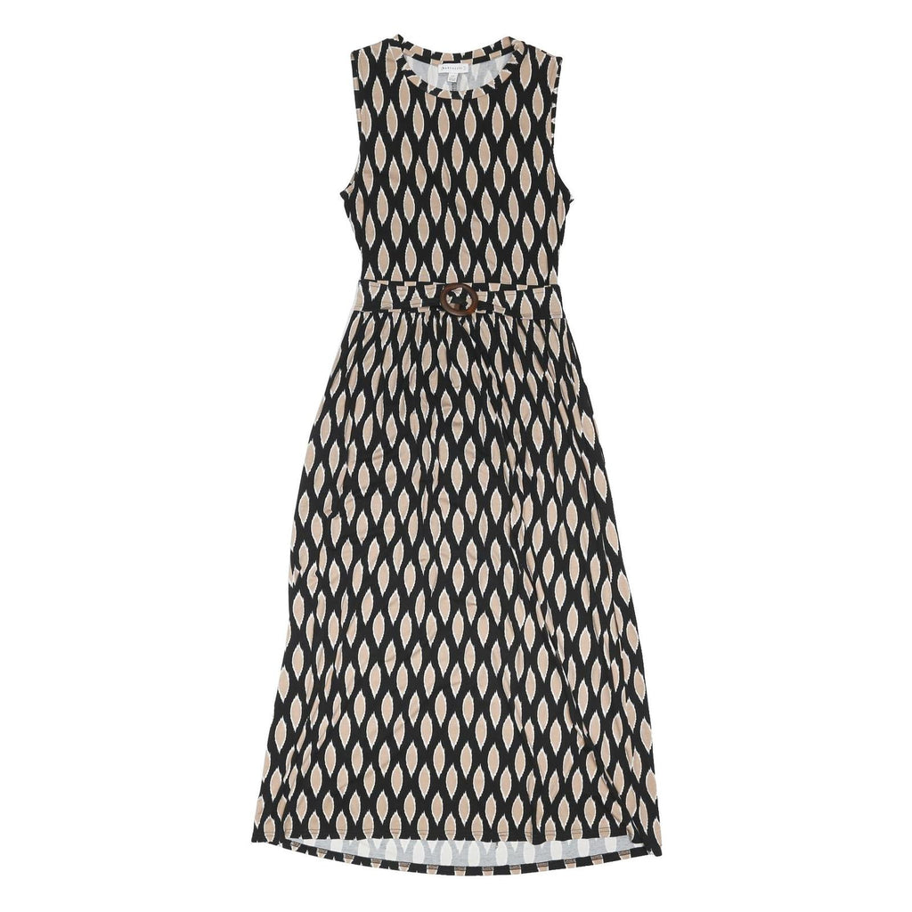 WAREHOUSE Womens Black & Beige Cotton Blend Sleeveless Midi Dress UK 10 Belted