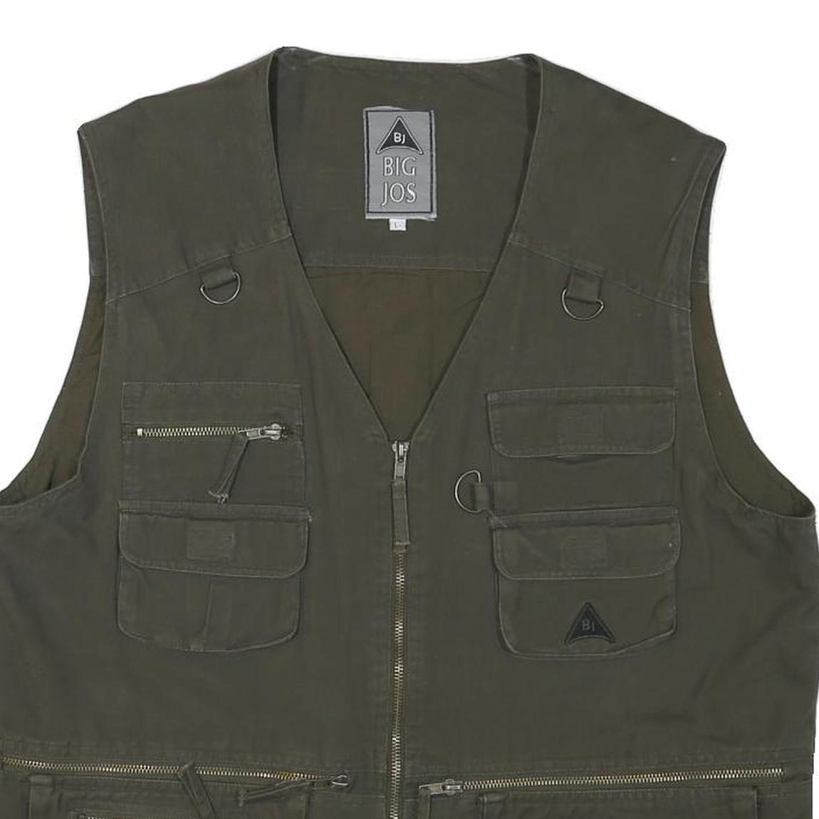 BIG JOS Mens Green Cotton Blend Utility Vest L Cotton Blend Plain Outdoor Zip
