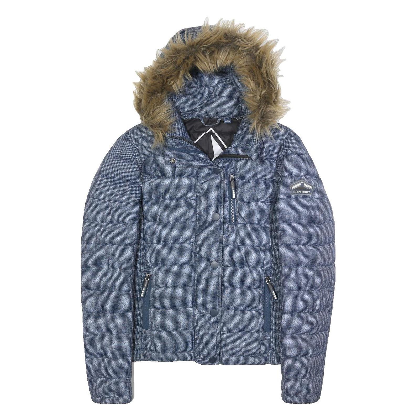 SUPERDRY Womens Blue Polyester Puffer Jacket UK 10 Hooded Zip Closure