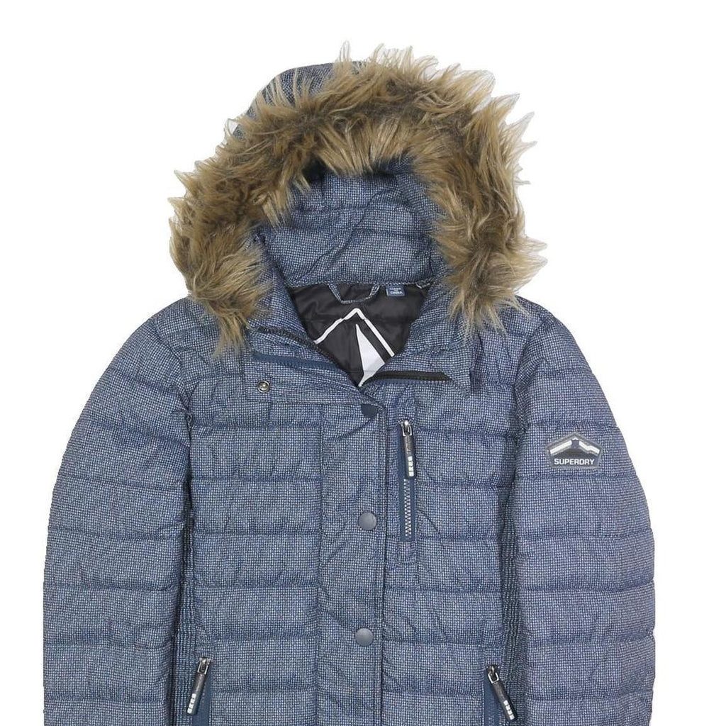 SUPERDRY Womens Blue Polyester Puffer Jacket UK 10 Hooded Zip Closure