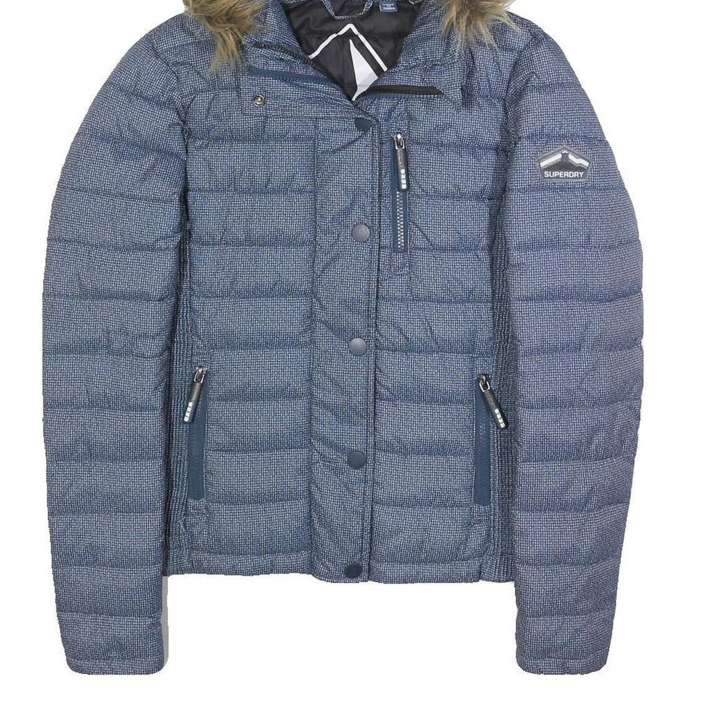 SUPERDRY Womens Blue Polyester Puffer Jacket UK 10 Hooded Zip Closure