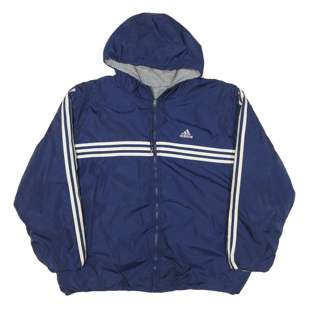 ADIDAS Mens Blue White Striped Zip Up Hooded Jacket XL Polyester Blend