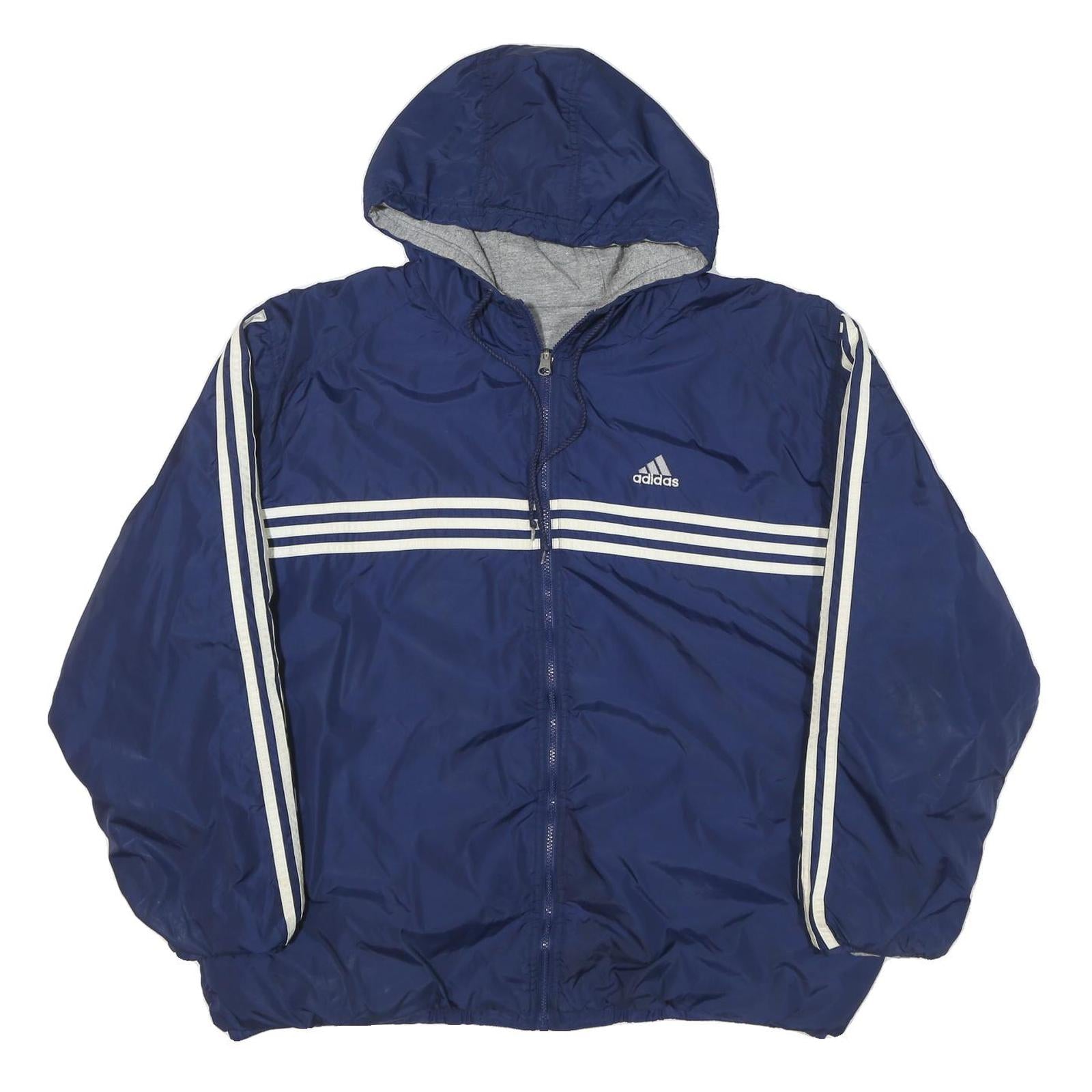 ADIDAS Mens Blue White Striped Zip Up Hooded Jacket XL Polyester Blend
