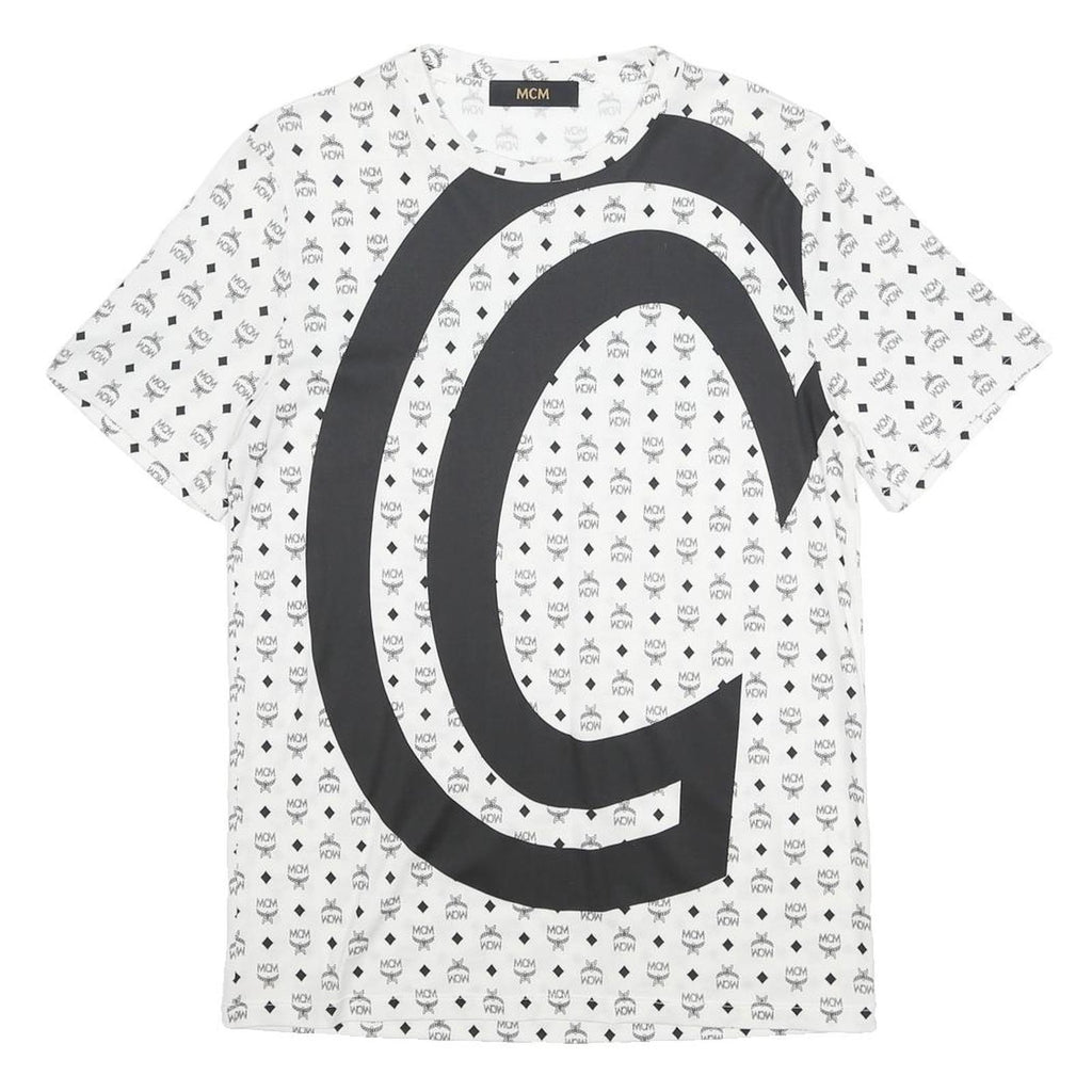 MCM Mens White & Black Graphic T-Shirt S Short Sleeve Crew Neck Luxury Logo