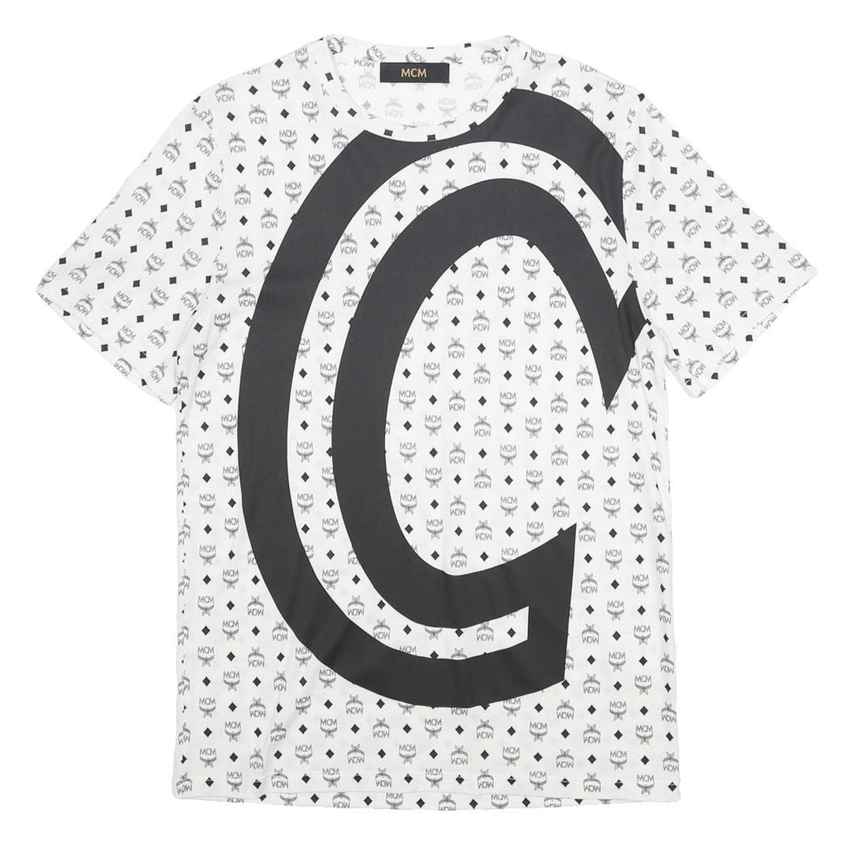 MCM Mens White & Black Graphic T-Shirt S Short Sleeve Crew Neck Luxury Logo