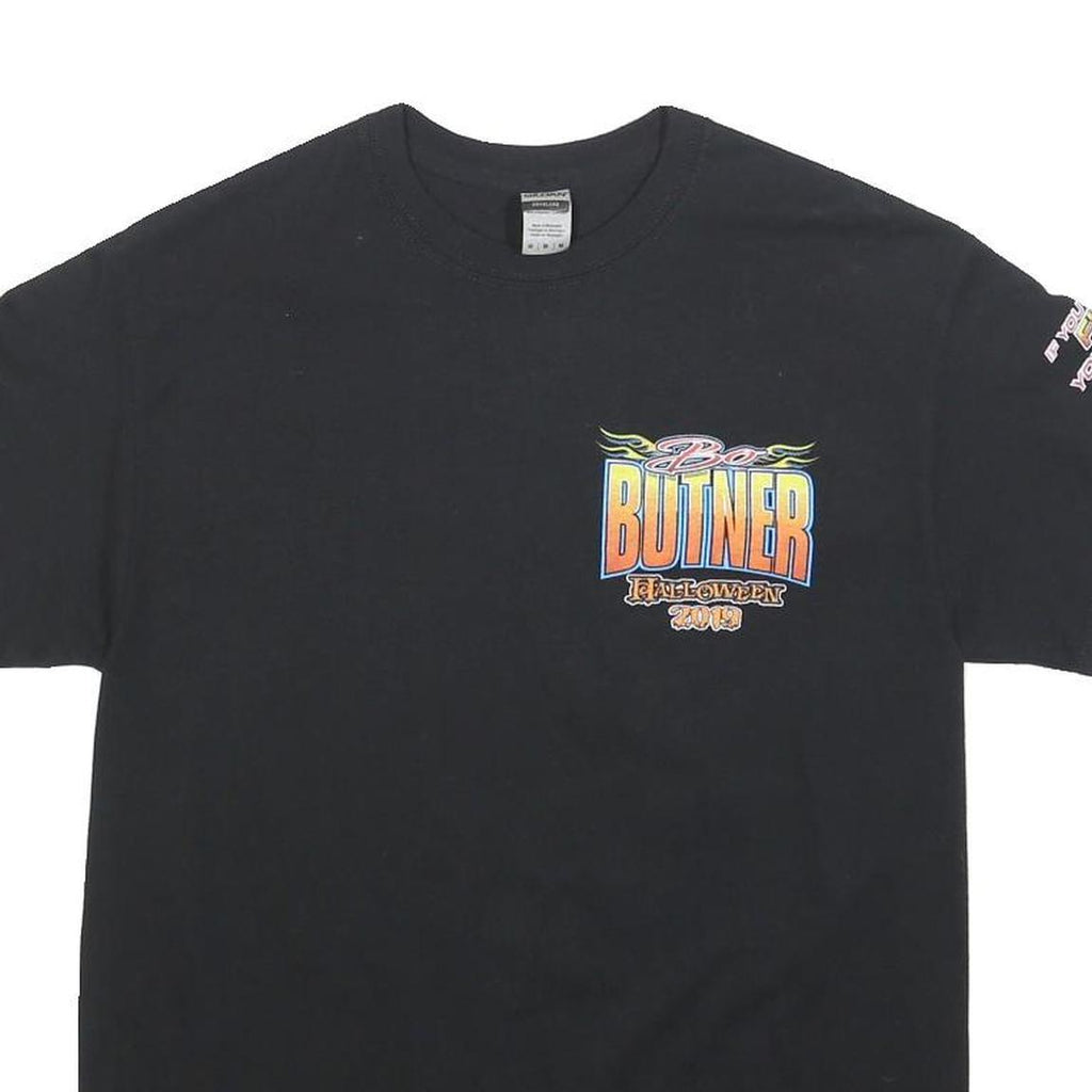 GILDAN Mens Black Bo Butner Graphic T-Shirt M Short Sleeve Crew Neck Racing