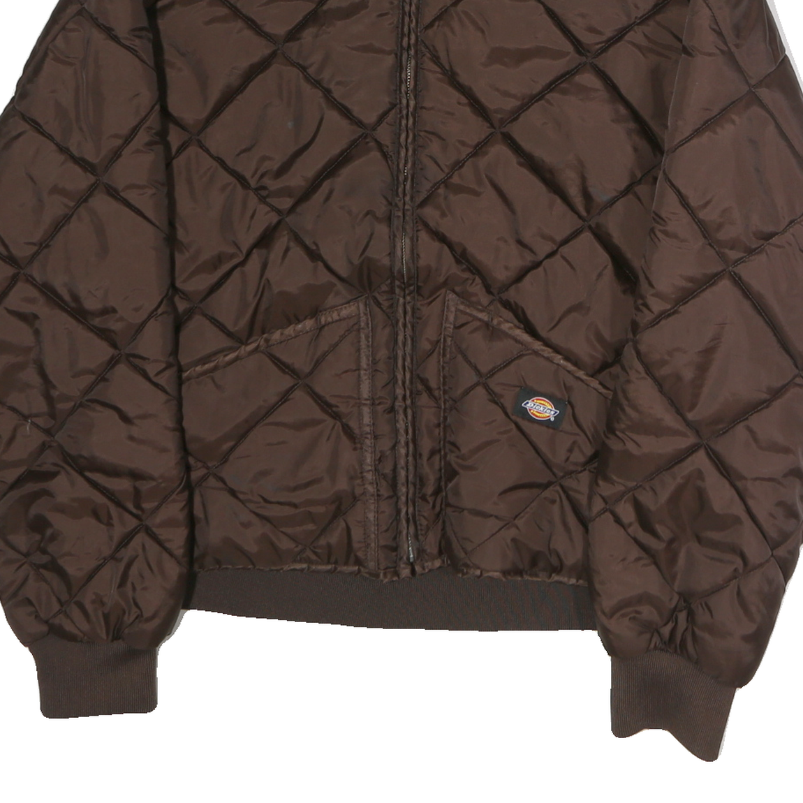 DICKIES Mens Brown Quilted Bomber Jacket L Polyester Zip Pocket Workwear
