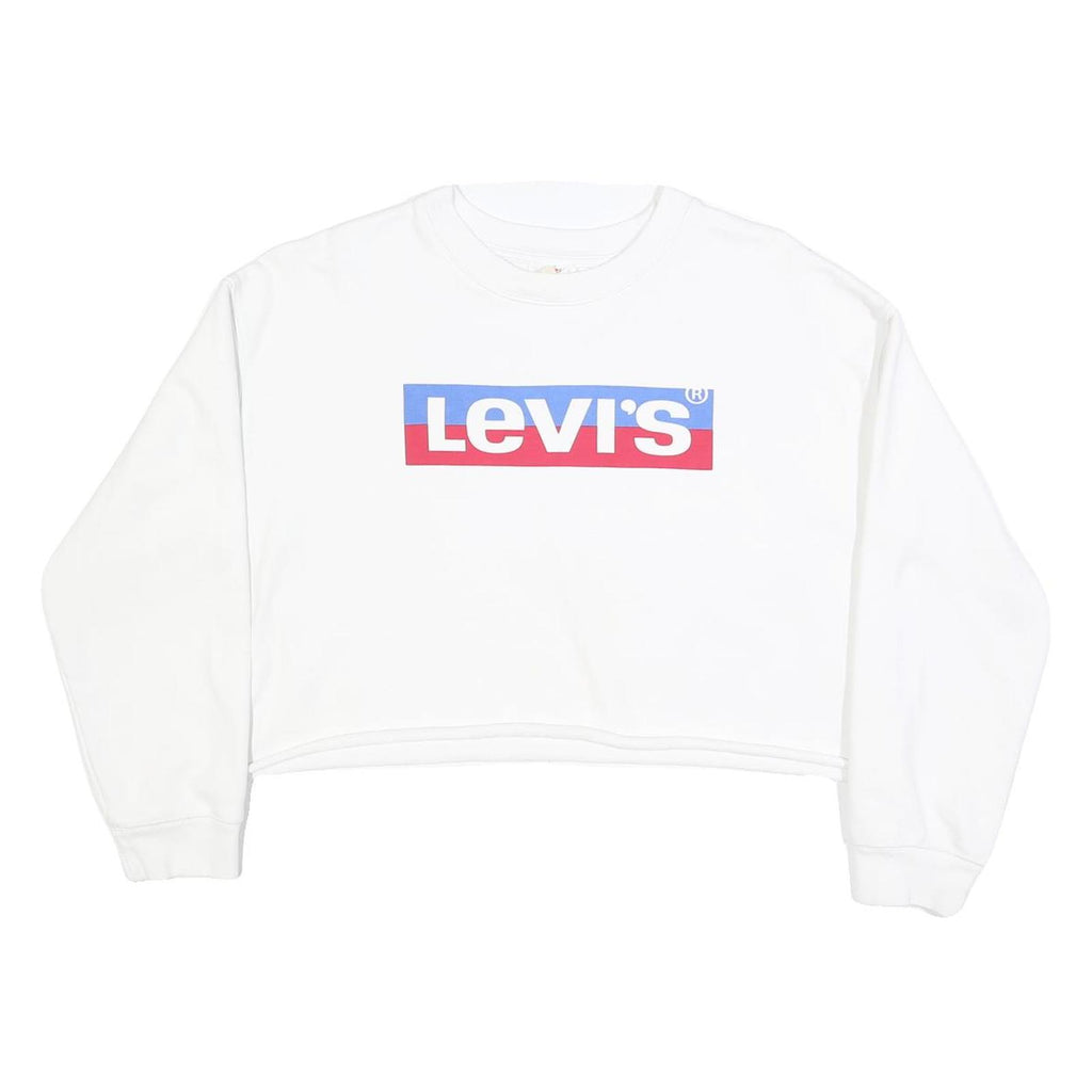 LEVI'S Womens White Crew Neck M Logo Print Cropped Sweatshirt Cotton Blend