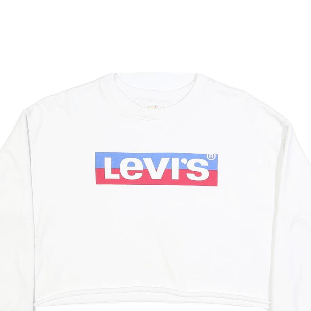LEVI'S Womens White Crew Neck M Logo Print Cropped Sweatshirt Cotton Blend