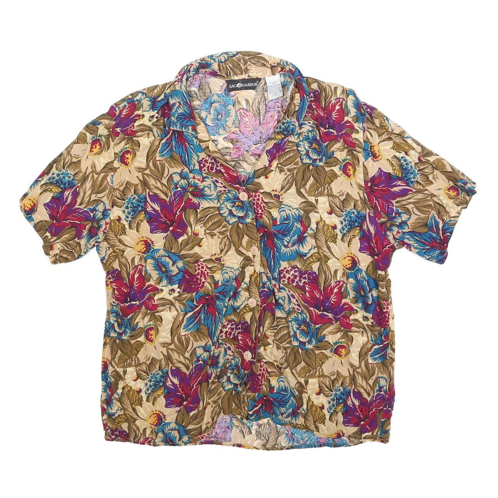 SAG HARBOR Womens Beige Printed Shirt Short Sleeve Collared M Floral Polyester
