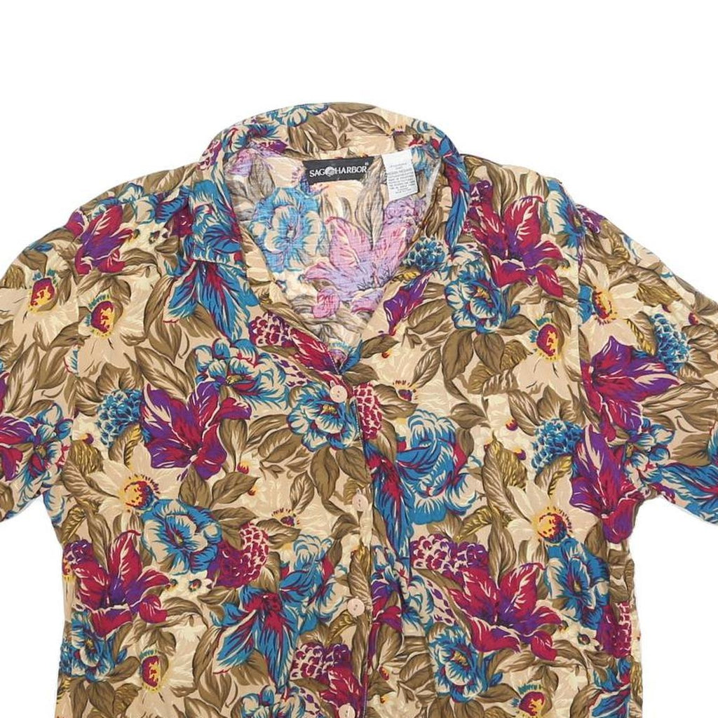 SAG HARBOR Womens Beige Printed Shirt Short Sleeve Collared M Floral Polyester
