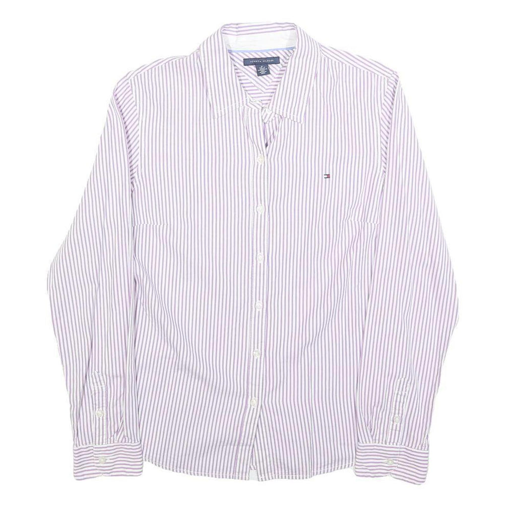 TOMMY HILFIGER Womens White & Purple Striped Shirt M Classic Cotton Blend Button