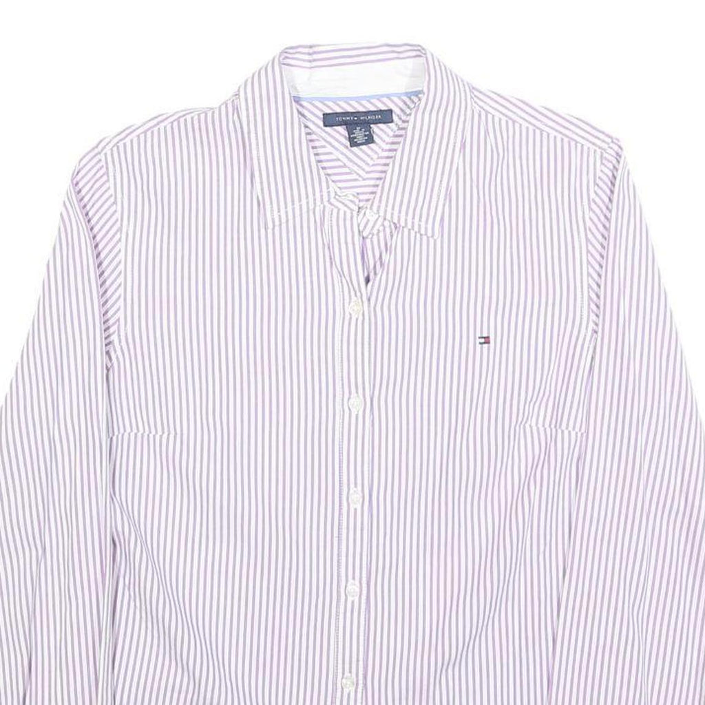 TOMMY HILFIGER Womens White & Purple Striped Shirt M Classic Cotton Blend Button