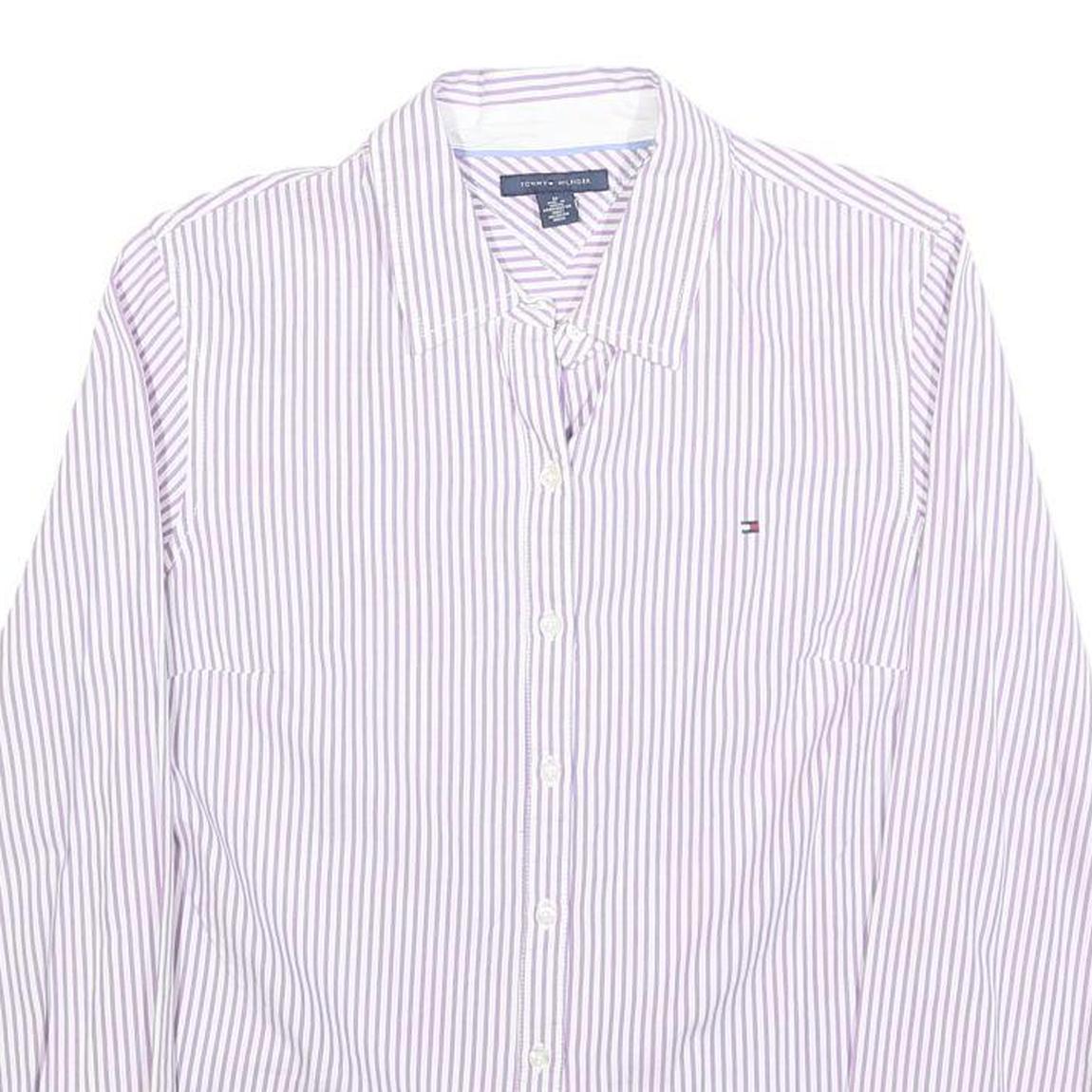 TOMMY HILFIGER Womens White & Purple Striped Shirt M Classic Cotton Blend Button