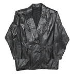 Womens Black Leather Button Jacket L Woven Classic Oversized Timeless Design