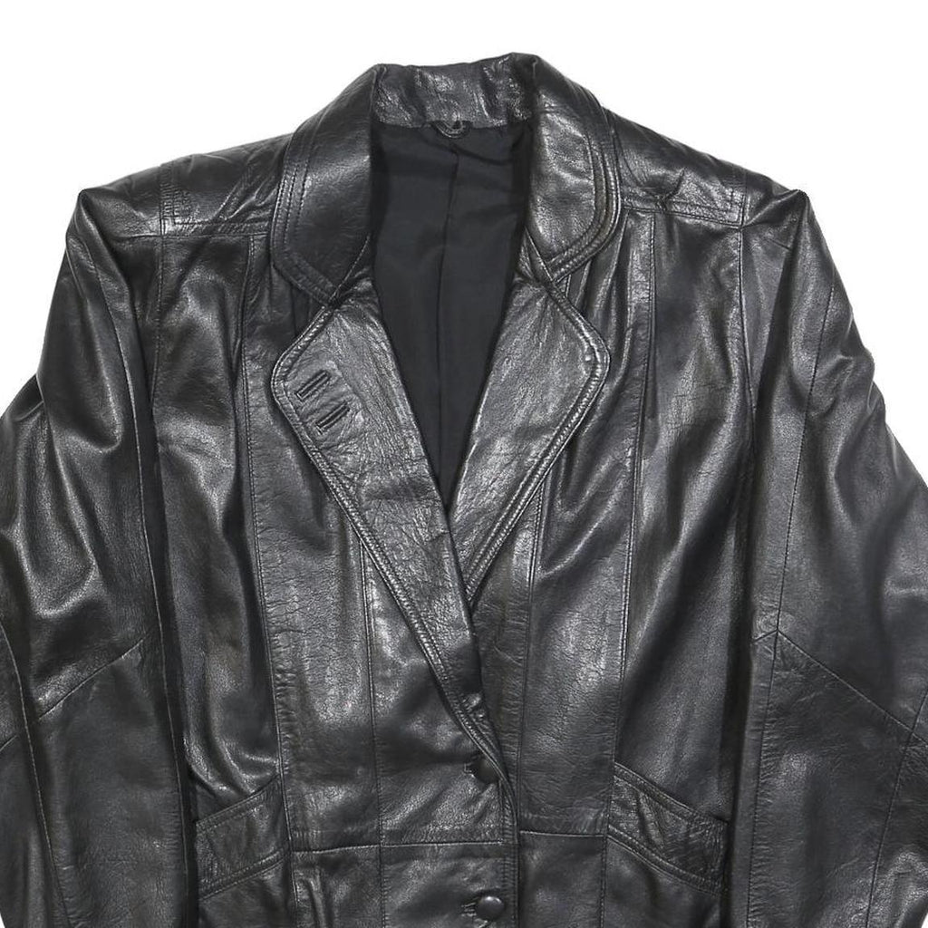 Womens Black Leather Button Jacket L Woven Classic Oversized Timeless Design