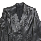 Womens Black Leather Button Jacket L Woven Classic Oversized Timeless Design