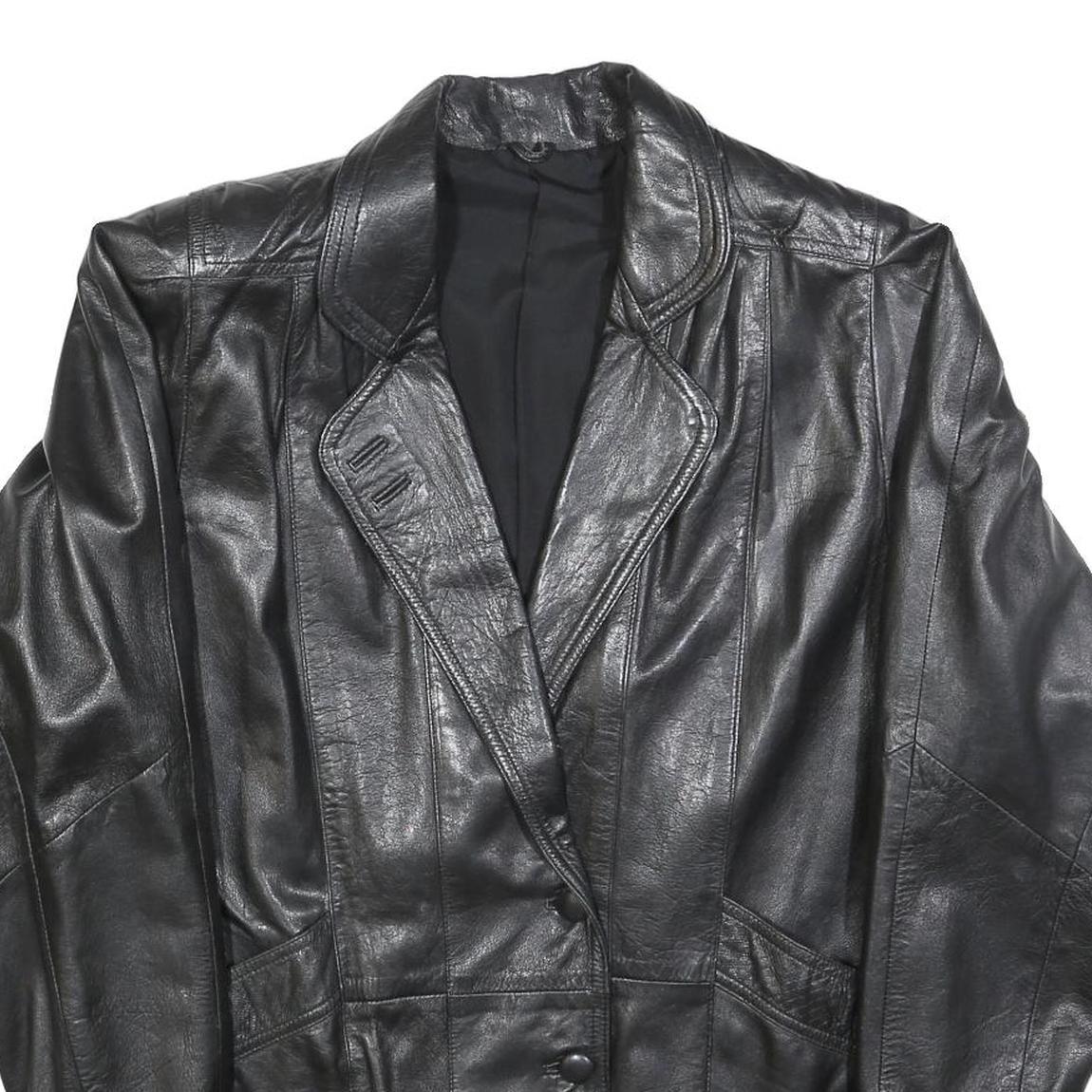 Womens Black Leather Button Jacket L Woven Classic Oversized Timeless Design