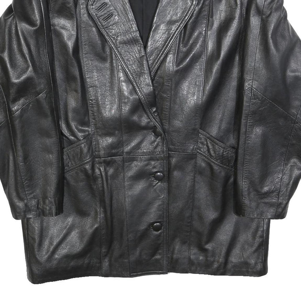 Womens Black Leather Button Jacket L Woven Classic Oversized Timeless Design