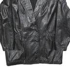 Womens Black Leather Button Jacket L Woven Classic Oversized Timeless Design
