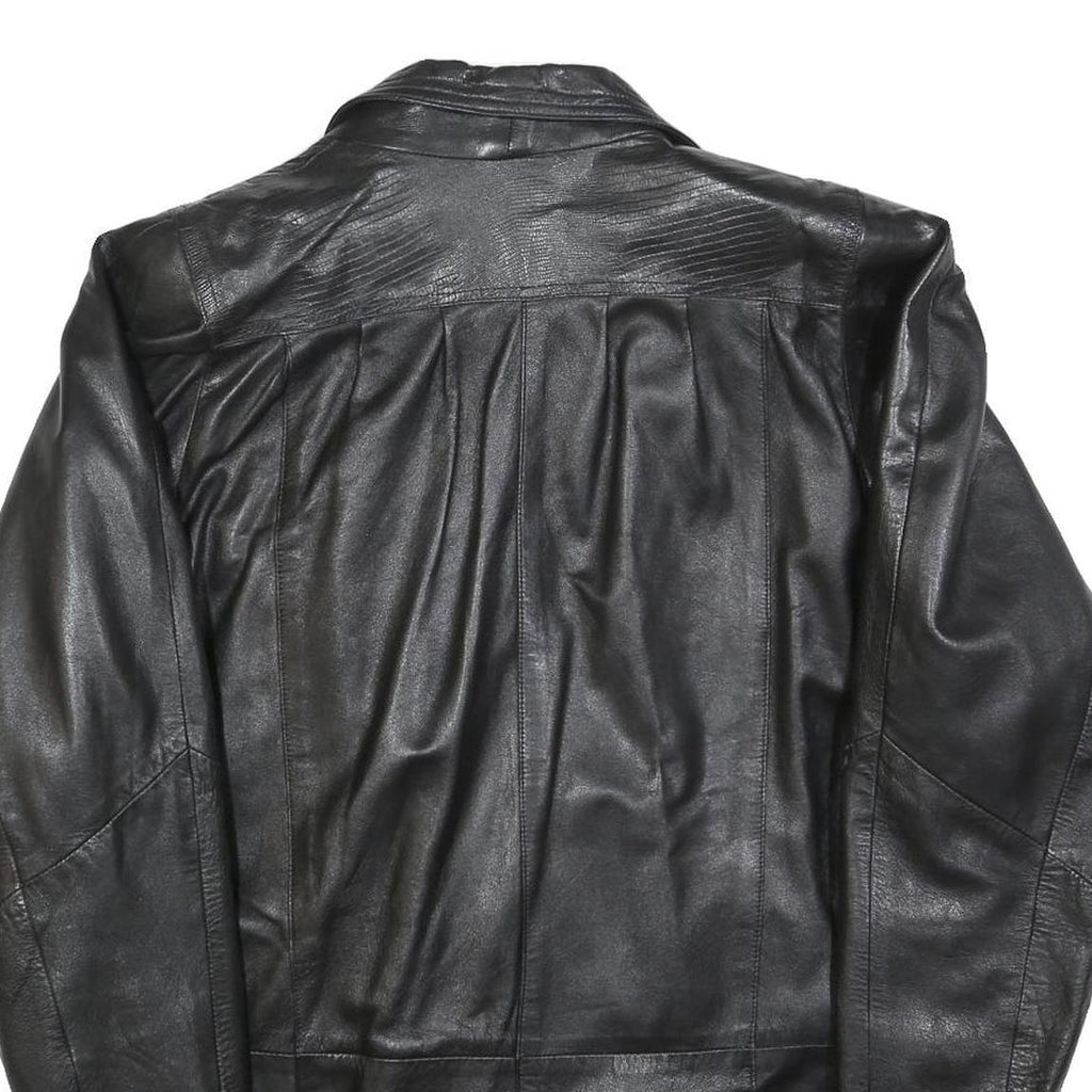 Womens Black Leather Button Jacket L Woven Classic Oversized Timeless Design