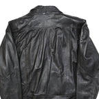 Womens Black Leather Button Jacket L Woven Classic Oversized Timeless Design