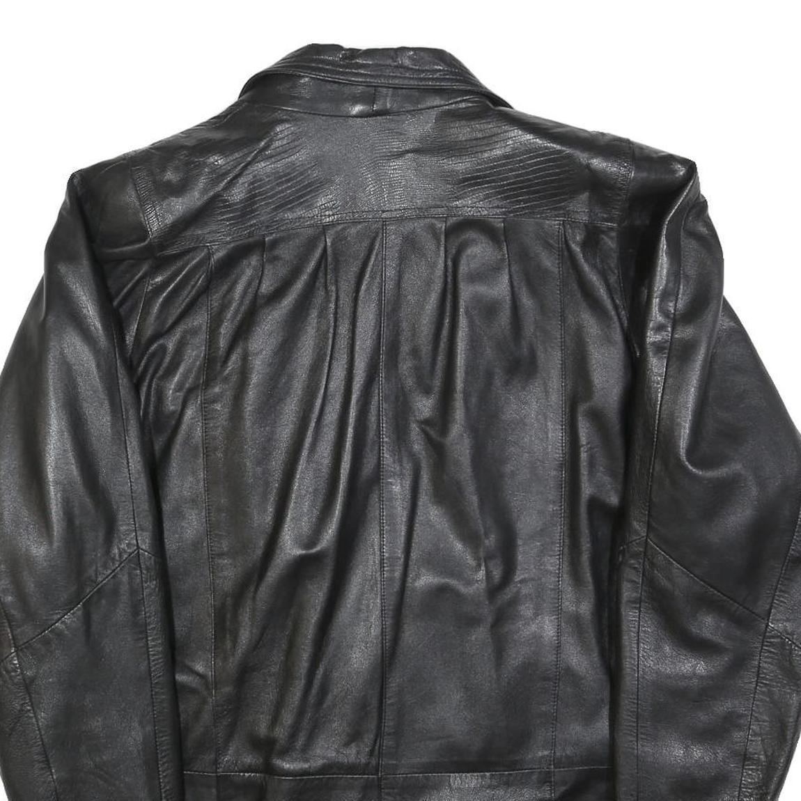 Womens Black Leather Button Jacket L Woven Classic Oversized Timeless Design