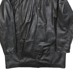 Womens Black Leather Button Jacket L Woven Classic Oversized Timeless Design
