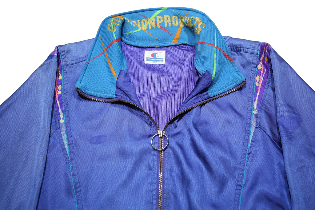 CHAMPION Womens Blue Synthetic Zip Jacket L Athletic Plain Lightweight Sports