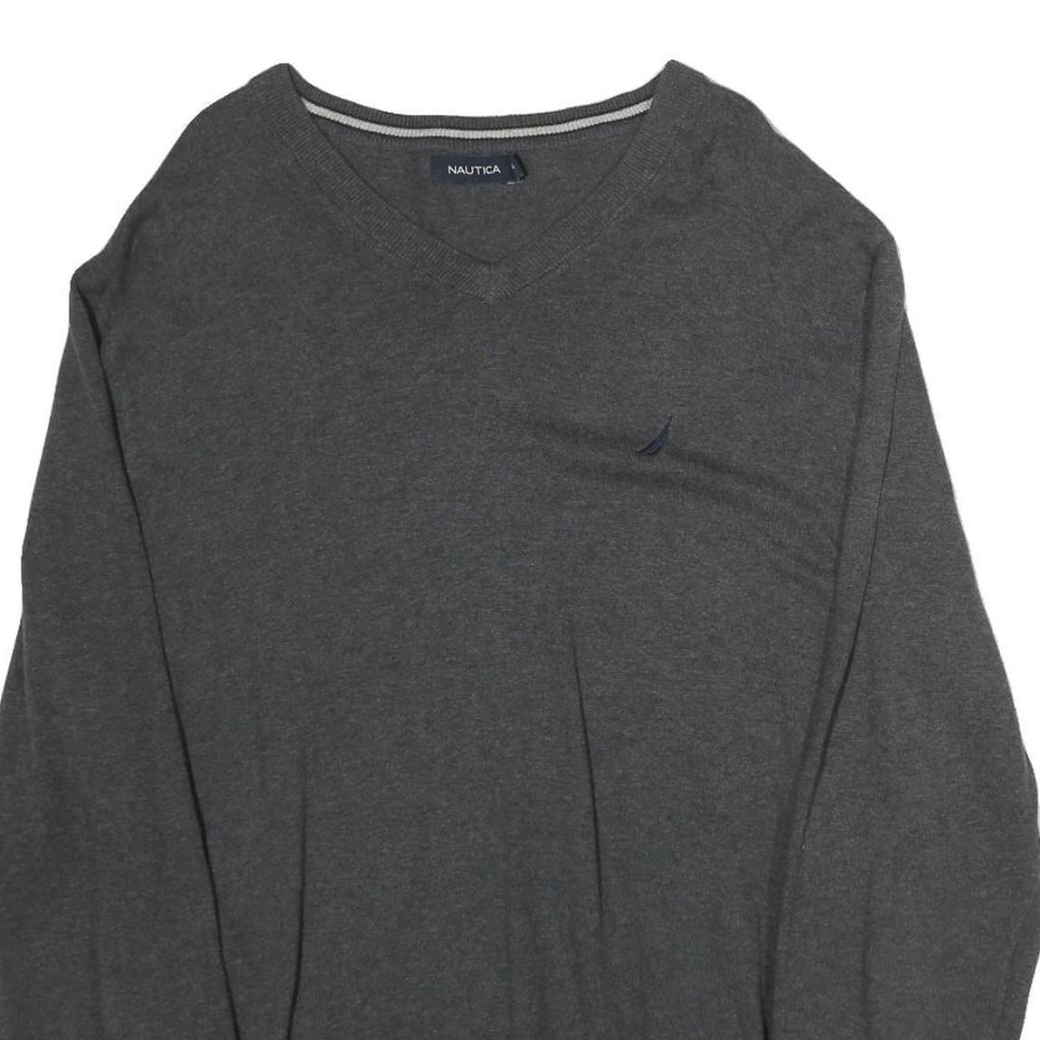 NAUTICA Mens Grey Plain Cotton V-Neck Basic Knit Jumper XL Classic Style