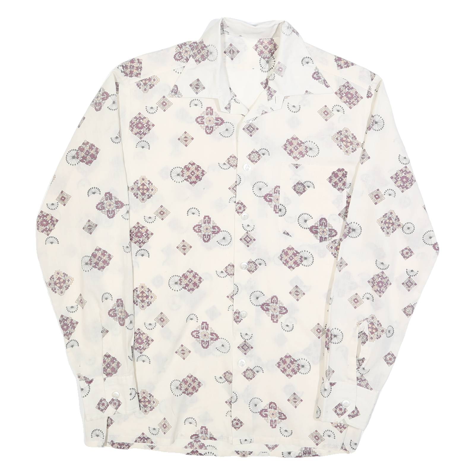 Mens White Patterned Shirt M Polyester Blend Button Collar Long Sleeve