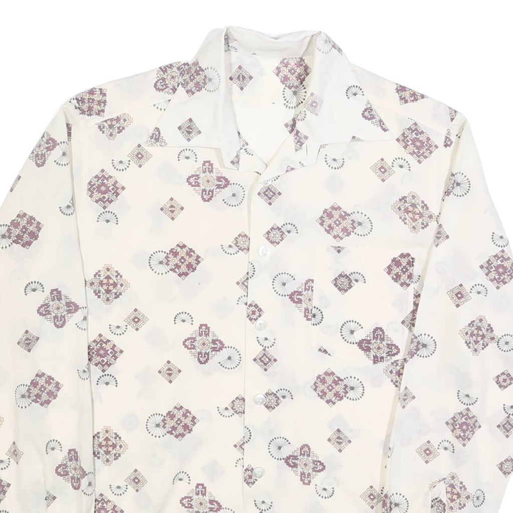 Mens White Patterned Shirt M Polyester Blend Button Collar Long Sleeve