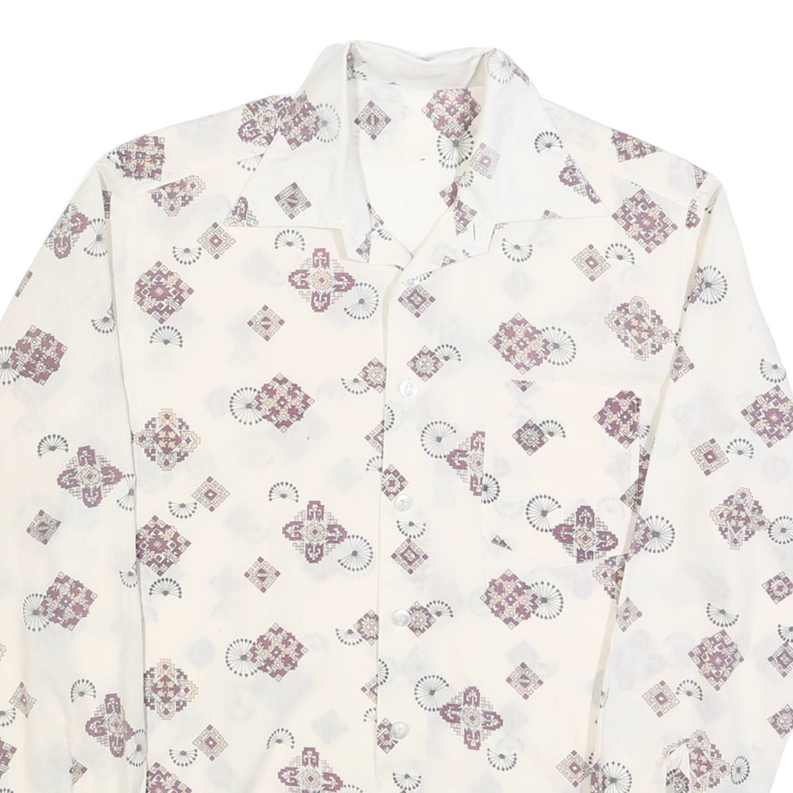 Mens White Patterned Shirt M Polyester Blend Button Collar Long Sleeve
