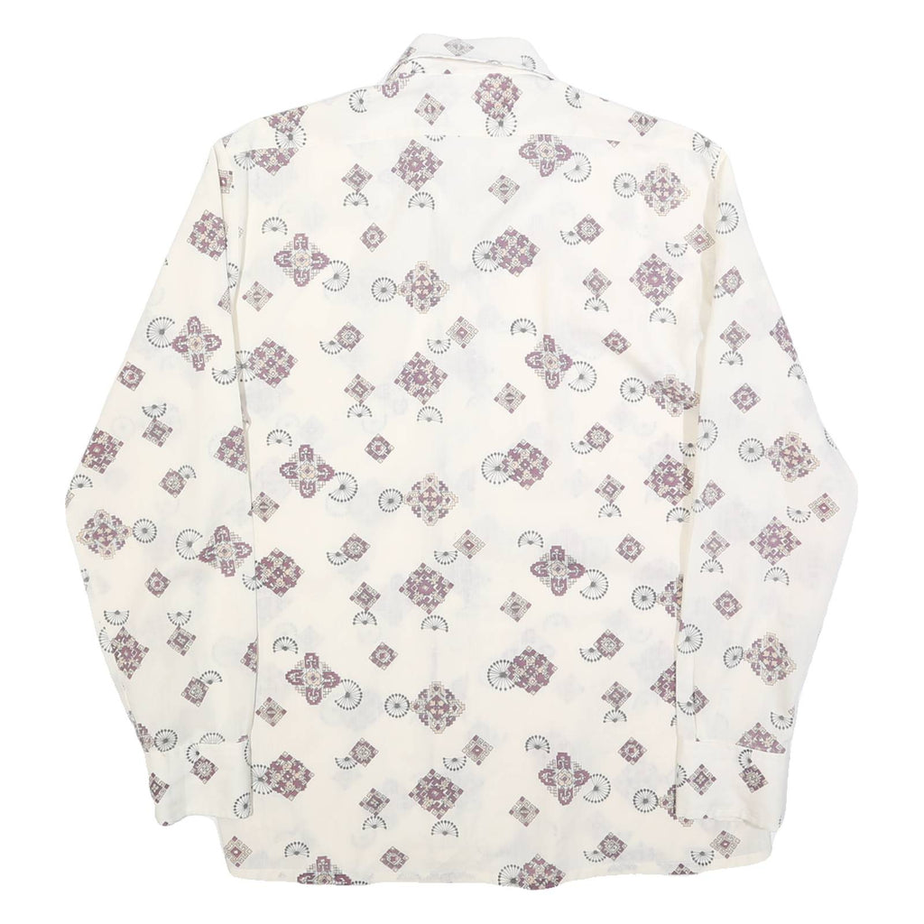 Mens White Patterned Shirt M Polyester Blend Button Collar Long Sleeve