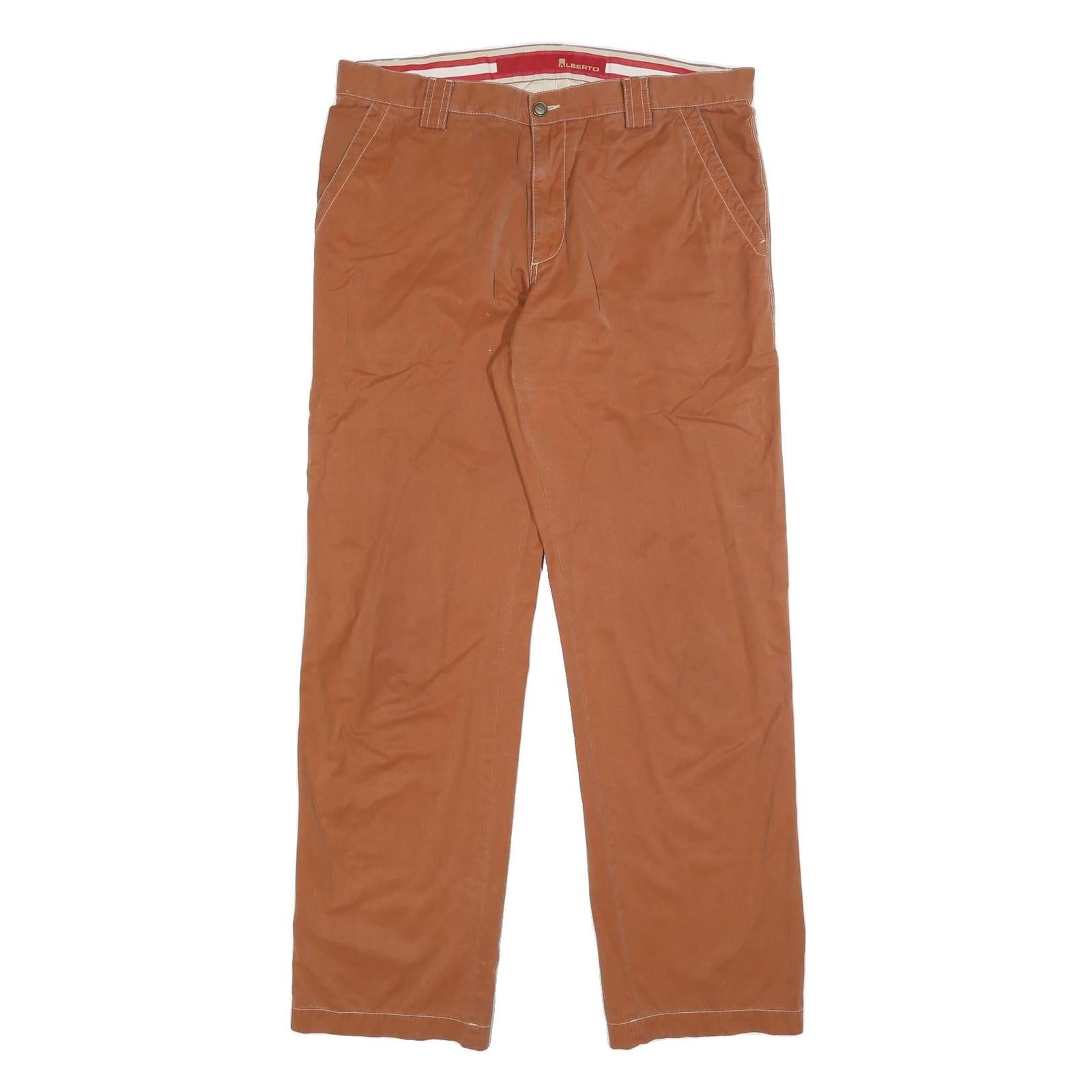 ALBERTO Mens Cotton Blend Brown Regular Fit Trousers W37 L32 Casual Zip Closure