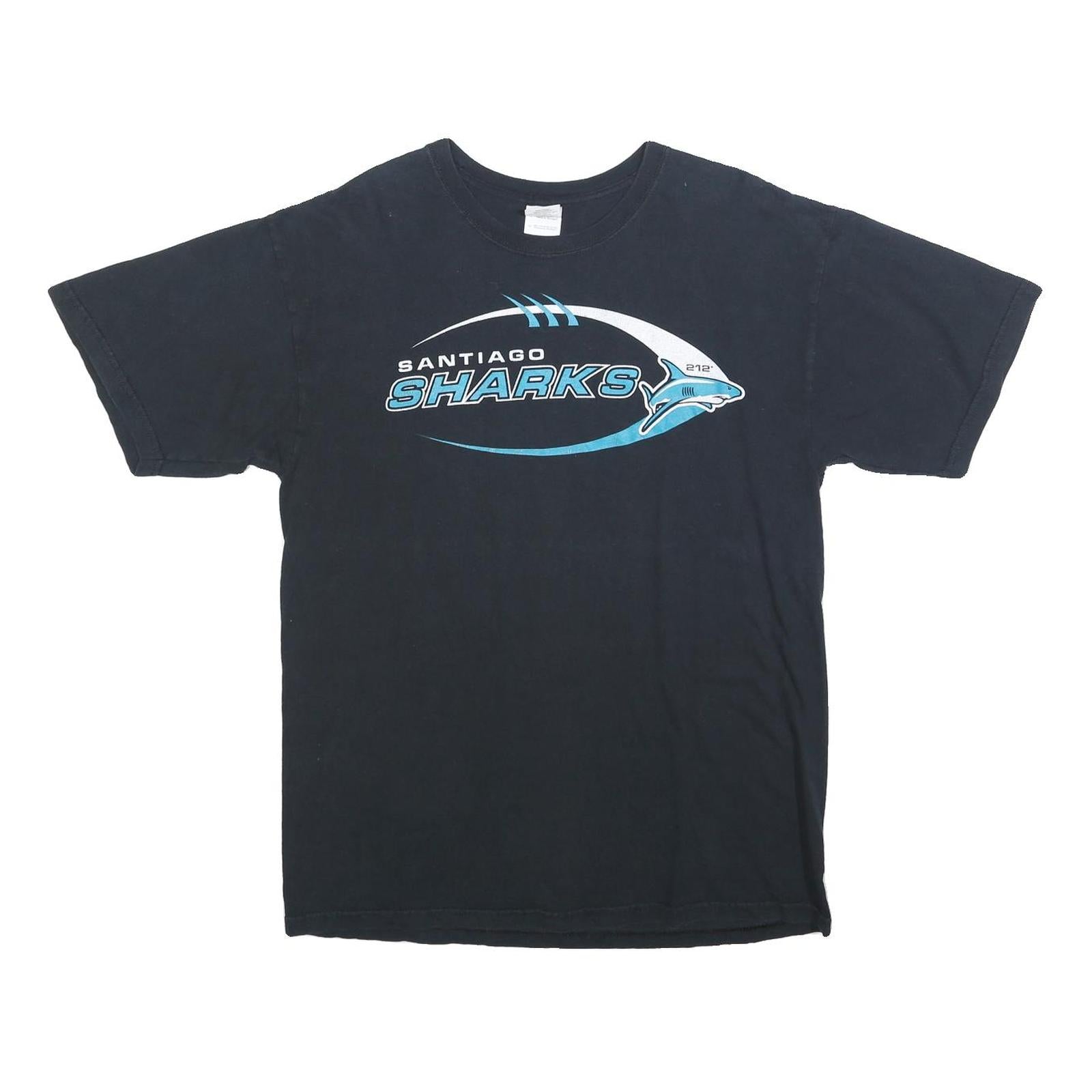 GILDAN Mens Black Santiago Sharks Graphic T-Shirt L Short Sleeve Crew Neck