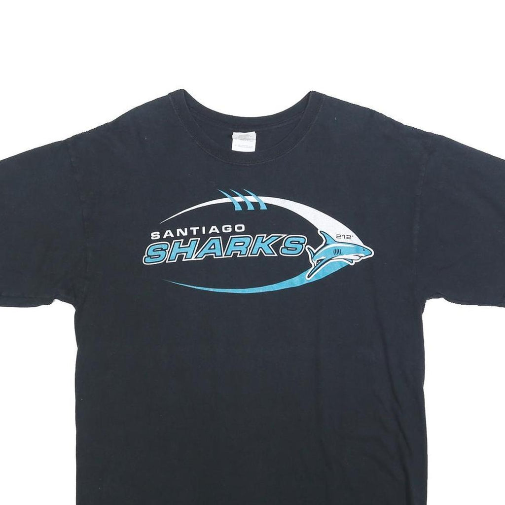 GILDAN Mens Black Santiago Sharks Graphic T-Shirt L Short Sleeve Crew Neck