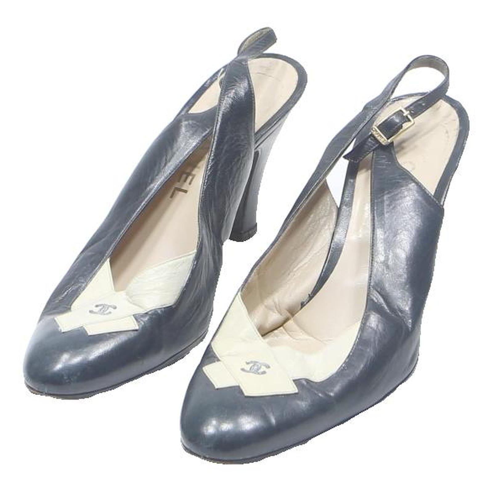 CHANEL Slingback Womens Heels Navy & Cream Leather UK 8 Classic Designer Style