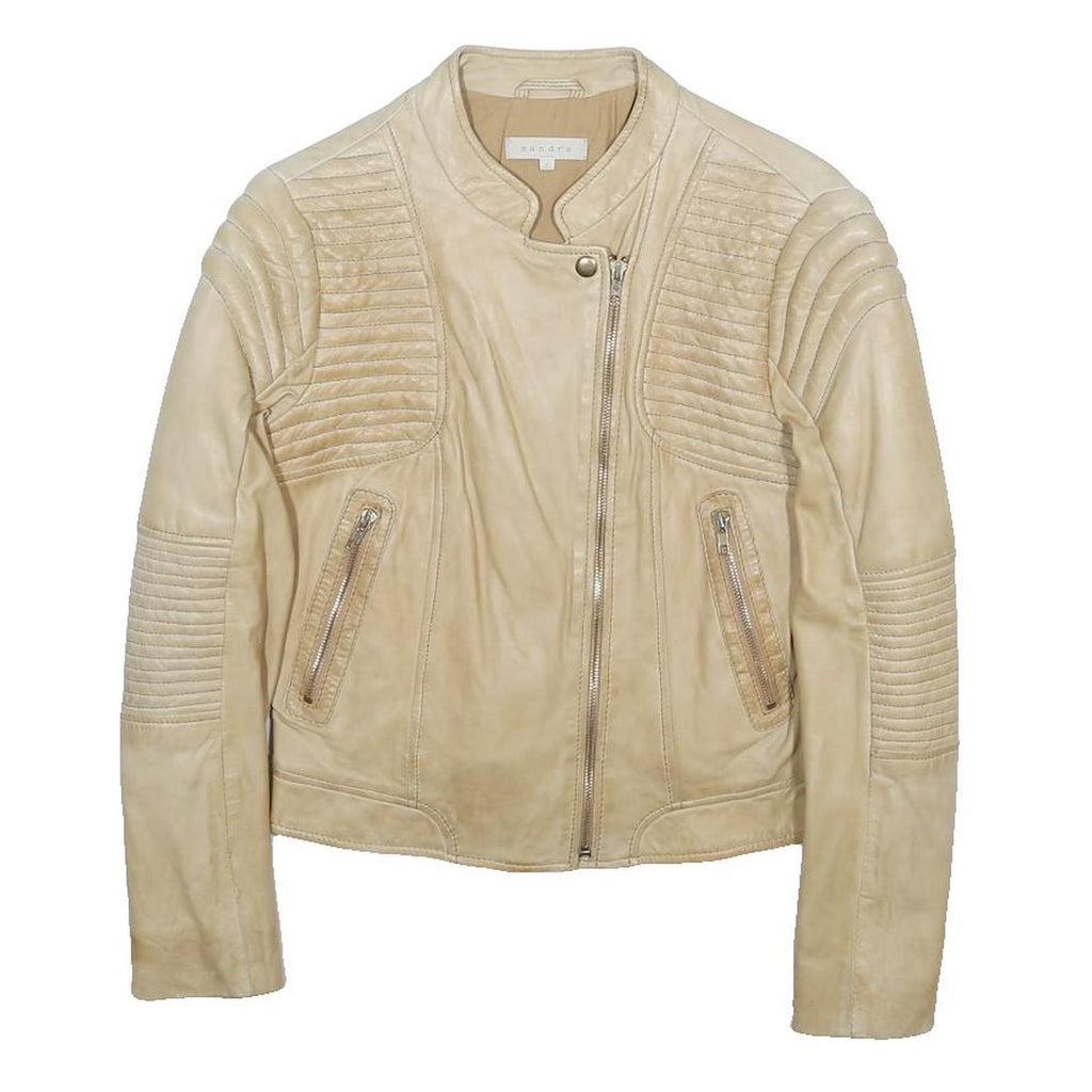 SANDRO Womens Beige Leather Jacket XS Plain Zip Fastening Quilted Detail