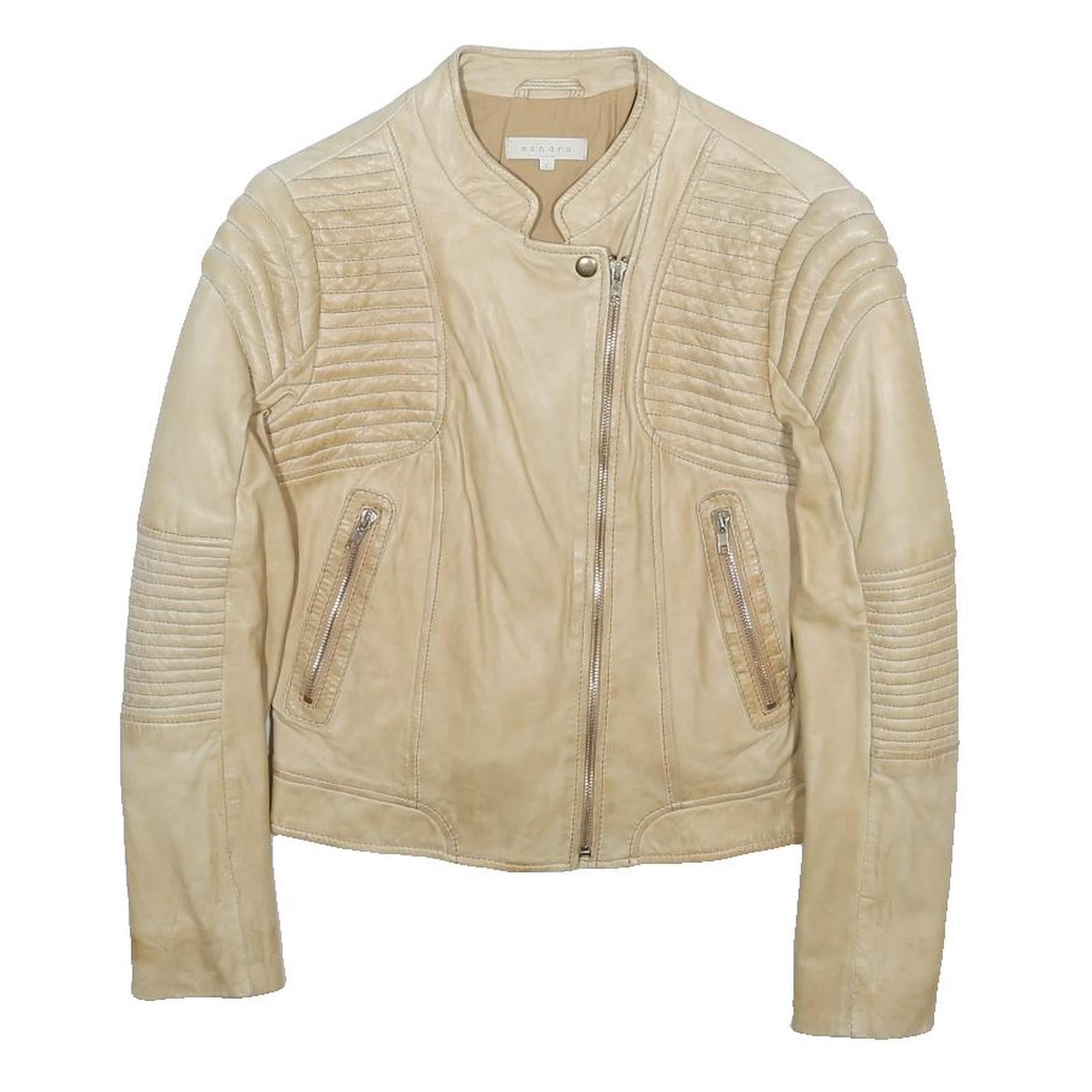 SANDRO Womens Beige Leather Jacket XS Plain Zip Fastening Quilted Detail