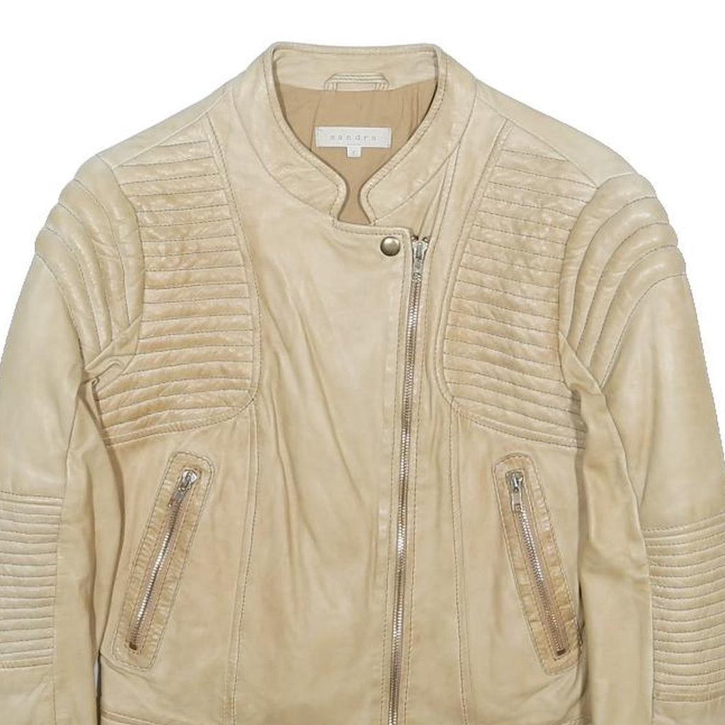 SANDRO Womens Beige Leather Jacket XS Plain Zip Fastening Quilted Detail