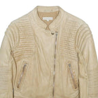SANDRO Womens Beige Leather Jacket XS Plain Zip Fastening Quilted Detail