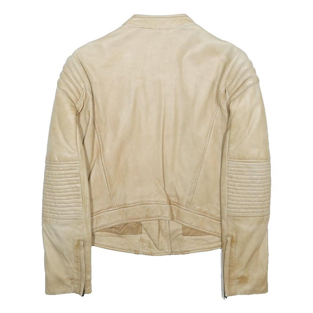 SANDRO Womens Beige Leather Jacket XS Plain Zip Fastening Quilted Detail
